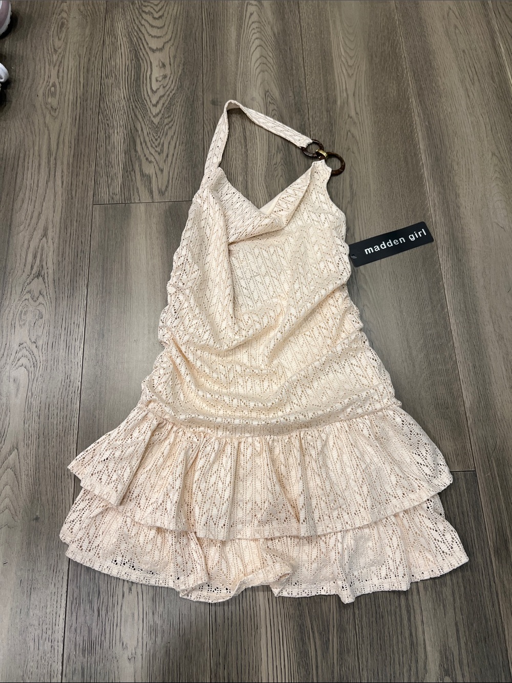 Madden Girl Cream Lace Halter Ruffle Dress